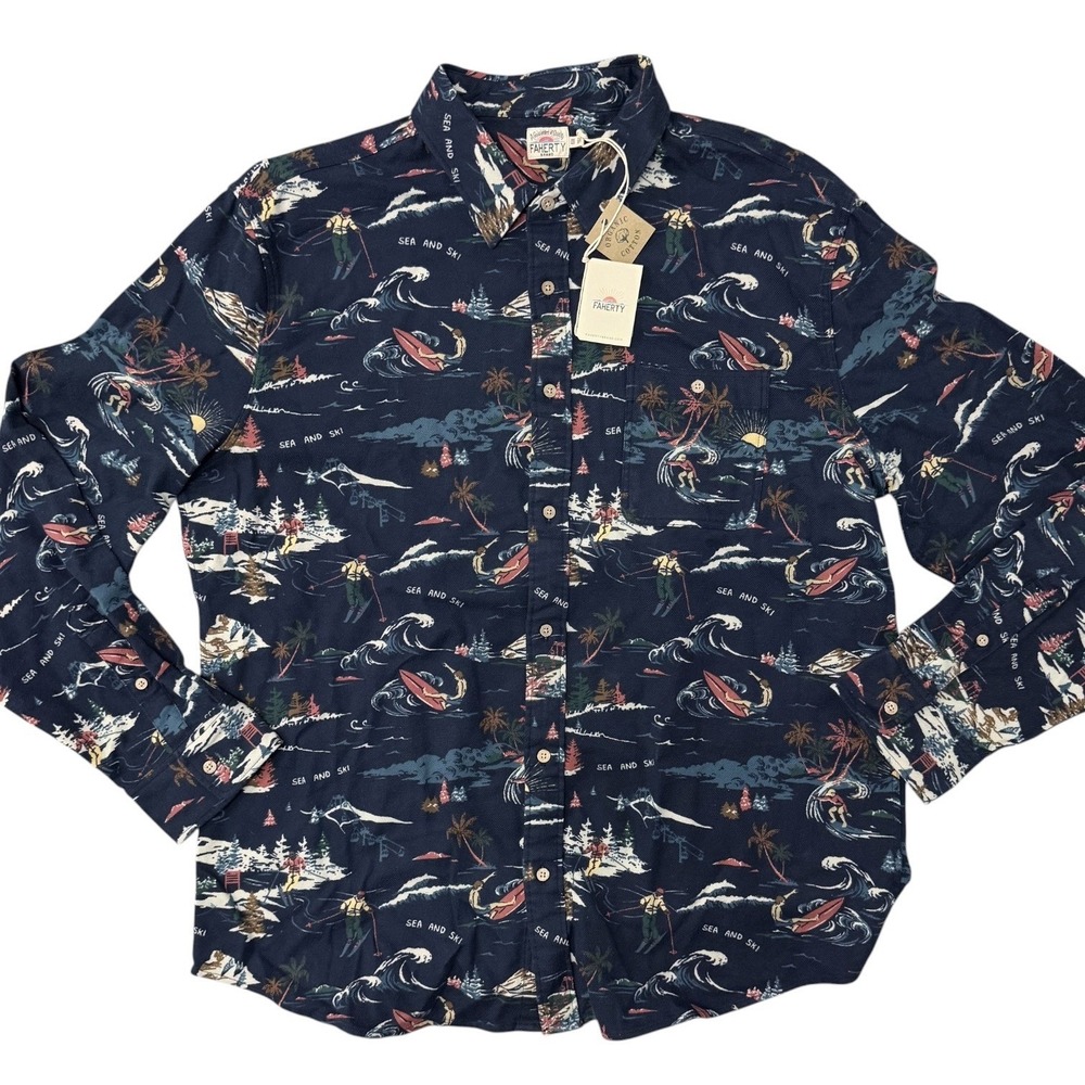 Faherty Mens XXL Sea and Sky Navy Blue Flannel Long Sleeve Fleece Shirt NWT